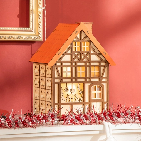 Wooden Christmas Advent Calendar House With Drawers LED Light Countdown Calendar Tabletop Decoration Festive Holiday Gift