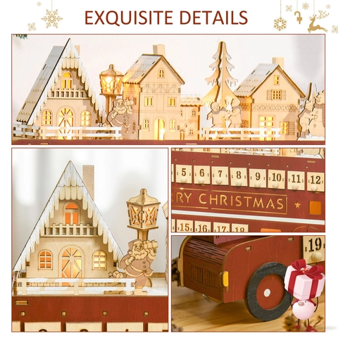 Calendrier Avent en Bois Avec Lumières LED Forme Bus Impériale Rouge Tiroirs Compte à Rebours Décoration Table Noël