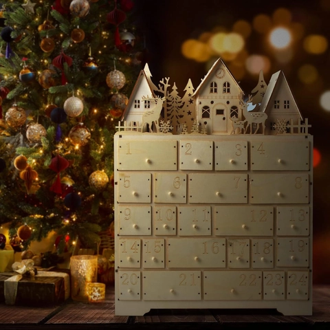 Hölzerner Weihnachtsadventskalender Schubladen LED Licht Schlittenhaus Design Feiertag Countdown Festliche Haus Deko
