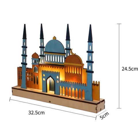 Luz Nocturna LED de Madera de Mezquita Islámica Ramadan Eid Lámpara de Mesa Patrón Estrella Luna Hueca Adorno de Escritorio