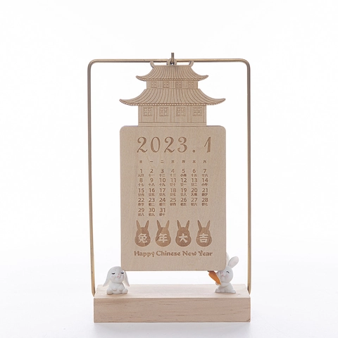 Calendario Perpetuo Retro in Legno Paesaggio Città Proibita Cinese Ornamento da Scrivania Telaio in Metallo Decoro Coniglio