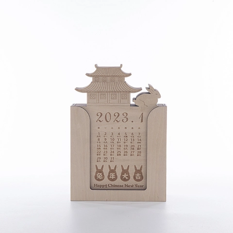 Chinesischer Stil Ewiger Kalender Aus Holz Jahr Des Hasen 3D Ausgehöhlt Palast Schreibtisch Ornament Holz Neujahrsgeschenk