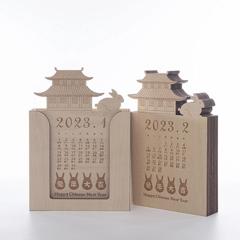 Chinesischer Stil Ewiger Kalender Aus Holz Jahr Des Hasen 3D Ausgehöhlt Palast Schreibtisch Ornament Holz Neujahrsgeschenk