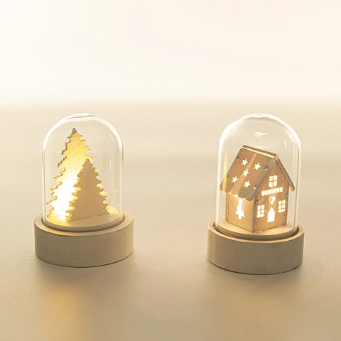European Christmas Glowing Wooden House Tree In Glass Dome LED Night Light Desktop Ornament For Holiday Decoration Gift