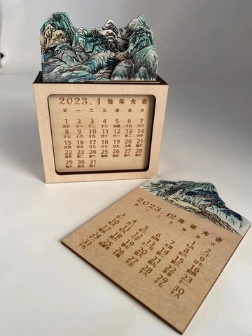 Mini Calendario de Escritorio 3D de Madera Paisaje Estilo Chino Montaña Ornamento de Escritorio para Oficina Hogar Decoración