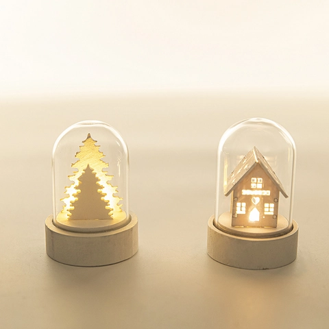 European Christmas Glowing Wooden House Tree In Glass Dome LED Night Light Desktop Ornament For Holiday Decoration Gift