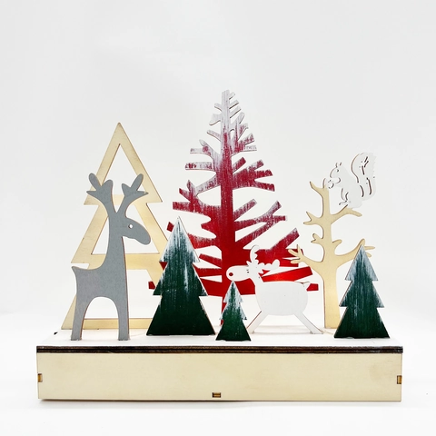 Décoration de Bureau en Bois Nordique Renne de Noël Scène de Forêt Découpée au Laser Multicouche Décoration de Table pour Maison Fête Cadeau