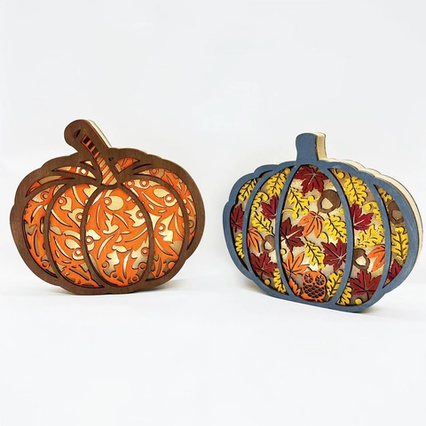 Lampe LED Citrouille en Bois de Buis Décoration Récolte Automnale Design Multicouche Découpe Laser Ornement de Table Halloween