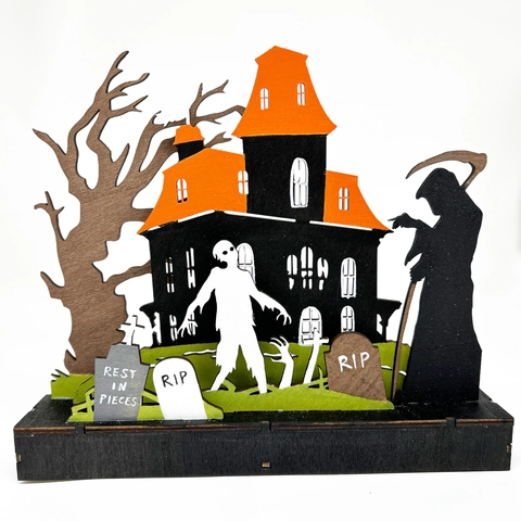 Decorazione di Halloween in Legno di Bosso Casa Stregata Mietitore Ornamento in Legno Taglio Laser 3D Casa dei Fantasmi Lapide