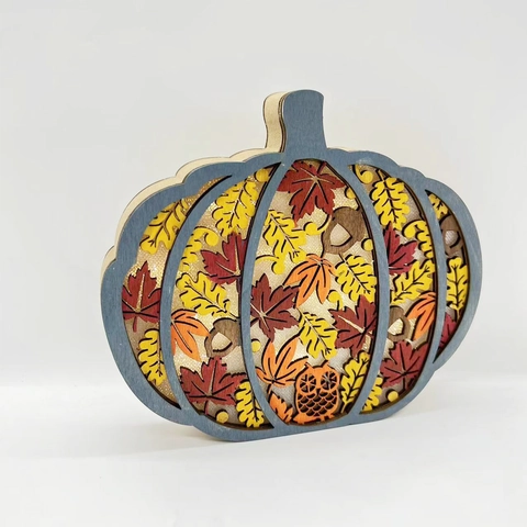 Lampe LED Citrouille en Bois de Buis Décoration Récolte Automnale Design Multicouche Découpe Laser Ornement de Table Halloween