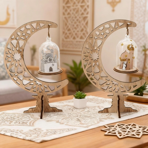 Holz Sichelmond Ornament Mit Glaskuppel Miniatur Moschee Szene Lasergeschnitten Ramadan Eid Mubarak Home Desktop Deko Handwerk