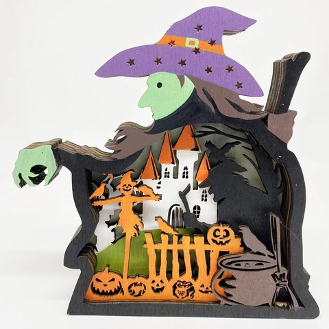 Halloween Wooden Witch Silhouette Decoration Laser Cut Multi Layer Boxwood Desktop Ornament Spooky Castle Pumpkin Decor