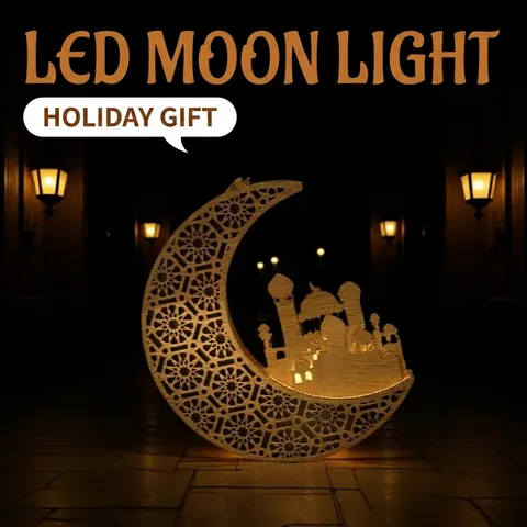 Ramadan Eid Mubarak Veilleuse LED en Bois Lune Motif Mosquée Étoile Lampe de Table Décorative Découpée au Laser
