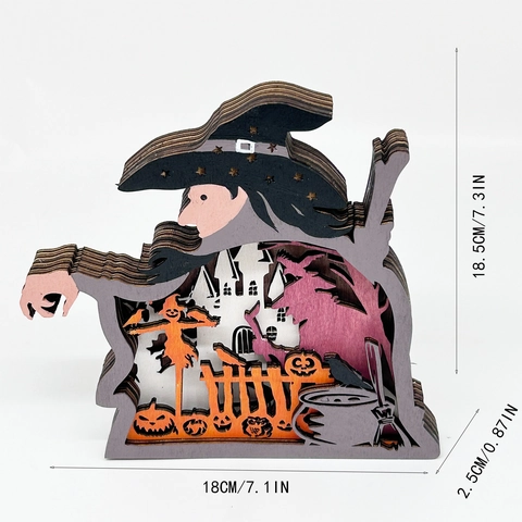 Halloween Wooden Witch Silhouette Decoration Laser Cut Multi Layer Boxwood Desktop Ornament Spooky Castle Pumpkin Decor
