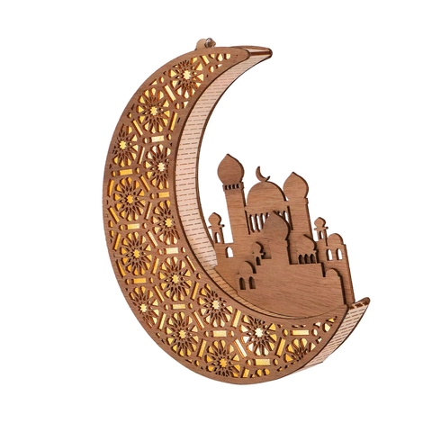 Ramadan Eid Mubarak Veilleuse LED en Bois Lune Motif Mosquée Étoile Lampe de Table Décorative Découpée au Laser