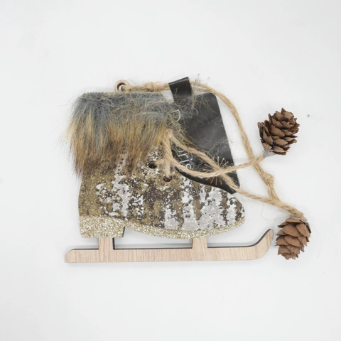Decorazione Natalizia Da Appendere A Forma Di Pattino In Legno Rustico Con Bordo In Pelliccia Sintetica Pigne Glitter Per Albero Di Natale