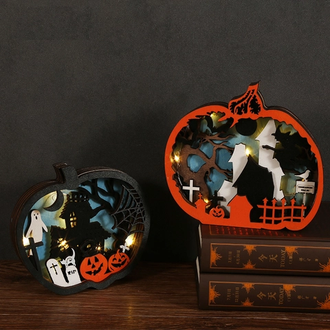 Zucca di Halloween LED Ornamento in Legno Taglio Laser Multistrato Luce Bosso Decorazione Tavolo Festivo Strega Castello Fantasma