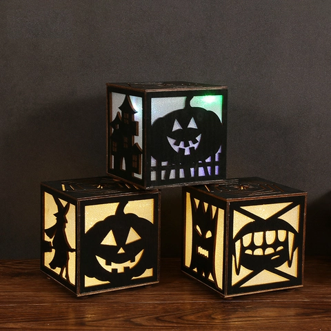Halloween Boxwood Pumpkin LED Light Hollow Out Castle Witch Pattern Glowing Ornament Spooky Party Atmosphere Table Decor