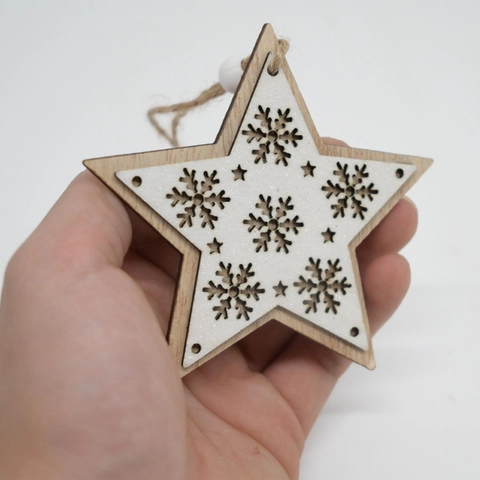 Ciondolo Natalizio a Forma di Stella in Legno Svuotato con Fiocco di Neve Decorazione per Albero di Natale Brillantini Bianchi