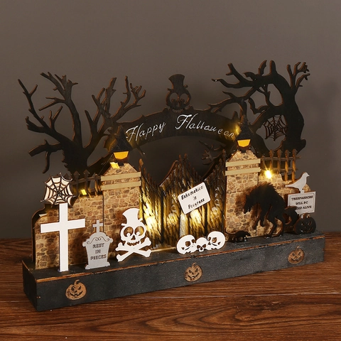 Halloween Wooden LED Light Ornament Boxwood Haunted House Pumpkin Skull Graveyard Laser Cut Printed Decorative Tabletop Craft