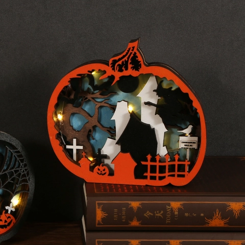 Zucca di Halloween LED Ornamento in Legno Taglio Laser Multistrato Luce Bosso Decorazione Tavolo Festivo Strega Castello Fantasma
