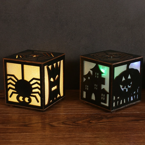 Halloween Boxwood Pumpkin LED Light Hollow Out Castle Witch Pattern Glowing Ornament Spooky Party Atmosphere Table Decor