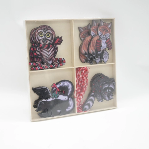 Hölzerne Weihnachten Tiere Hängen Ornamente Set Mit Eule Fuchs Waschbär Stinktier Deko Box Vintage Festliche Holiday Home Dekoration