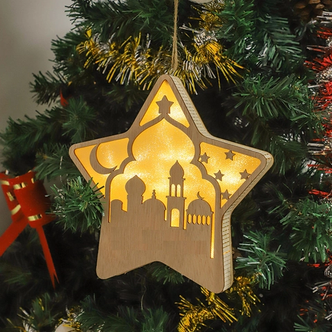Wooden LED Star Moon Ornament With Mosque Silhouette Pattern For Ramadan Eid Mubarak Festive Home Bedroom Decorative Light