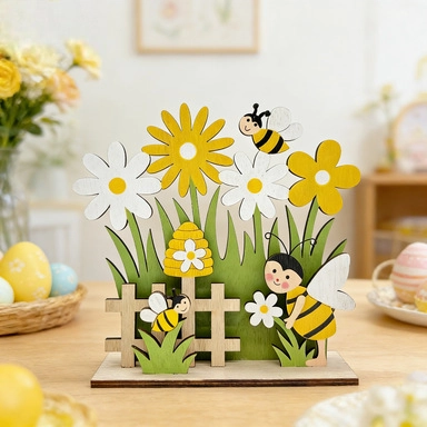 Décoration de Table Pâques en Buis Motifs Coq Abeille Marguerite Style Champêtre Nordique Fête Maison Ornement Scène