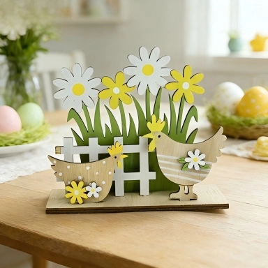 Décoration de Table Pâques en Buis Motifs Coq Abeille Marguerite Style Champêtre Nordique Fête Maison Ornement Scène