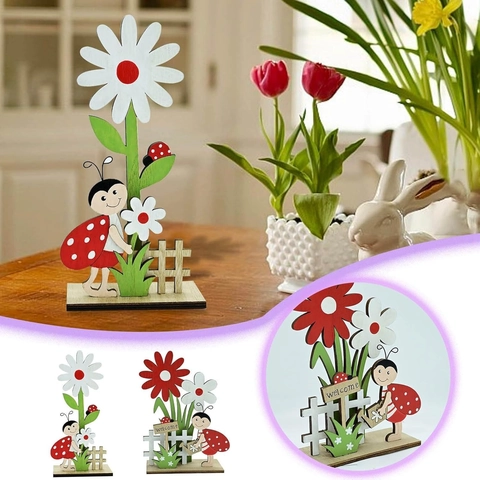 Easter Wooden Flower Ladybug Table Ornament Nordic Style Desktop Decoration With Welcome Sign For Spring Home Party Gift
