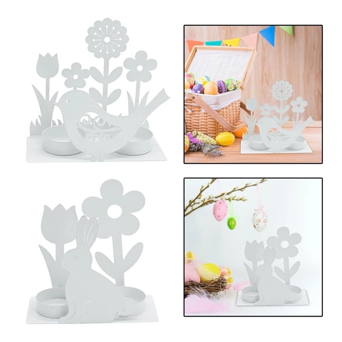 White Metal Easter Candle Holder Nordic Hollow Rabbit Bird Flower Silhouette Decorative Table Centerpiece Home Decor Ornament