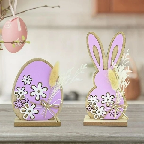 Décoration de Table de Pâques en Bois Forme de Lapin et d'Œuf Ornement Violet Fleur Ajourée Artisanat en Bois pour Maison