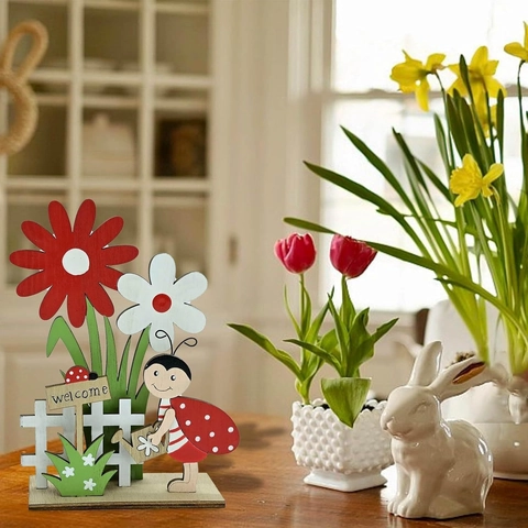 Easter Wooden Flower Ladybug Table Ornament Nordic Style Desktop Decoration With Welcome Sign For Spring Home Party Gift