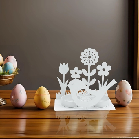 White Metal Easter Candle Holder Nordic Hollow Rabbit Bird Flower Silhouette Decorative Table Centerpiece Home Decor Ornament