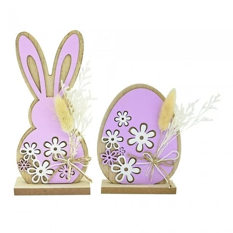 Décoration de Table de Pâques en Bois Forme de Lapin et d'Œuf Ornement Violet Fleur Ajourée Artisanat en Bois pour Maison