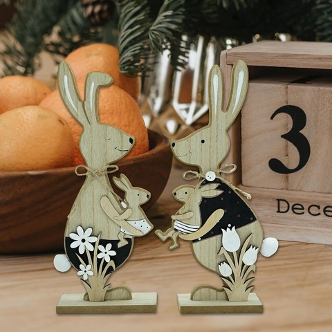 Pasen Houten Palmhout Konijn Ornament Ouder-Kind Bunny Standbeeld Met Bloemenpatronen Voor Thuis Desktop Seizoensdecoratie