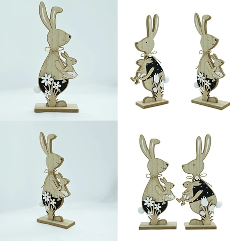 Pasen Houten Palmhout Konijn Ornament Ouder-Kind Bunny Standbeeld Met Bloemenpatronen Voor Thuis Desktop Seizoensdecoratie