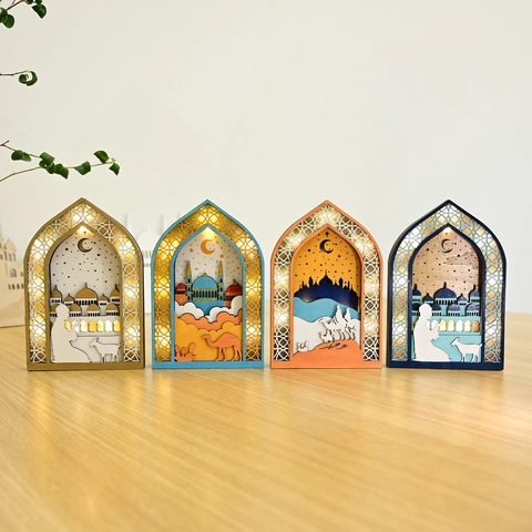 Aïd Ramadan Bois LED Boîte Lumineuse Ornement Multi-couches Découpe Laser Motif Mosquée Décoration de Bureau Cadeau Fête