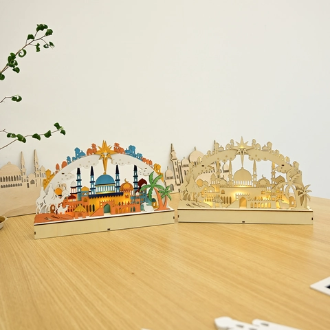 Ramadan Eid Mubarak Holz LED Moschee Ornament Lasergeschnitten Islamische Architektur Tischdeko Lampe Für Muslimische Haus Deko