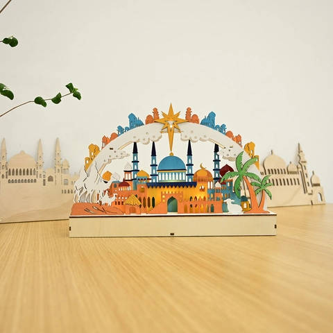 Ramadan Eid Mubarak Holz LED Moschee Ornament Lasergeschnitten Islamische Architektur Tischdeko Lampe Für Muslimische Haus Deko