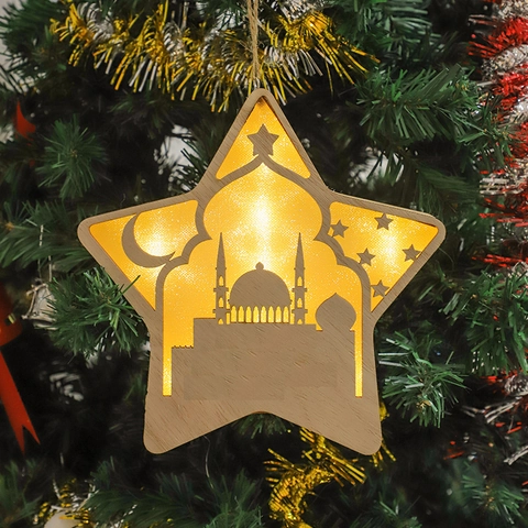 Wooden LED Star Moon Ornament With Mosque Silhouette Pattern For Ramadan Eid Mubarak Festive Home Bedroom Decorative Light