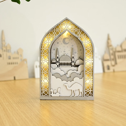 Aïd Ramadan Bois LED Boîte Lumineuse Ornement Multi-couches Découpe Laser Motif Mosquée Décoration de Bureau Cadeau Fête