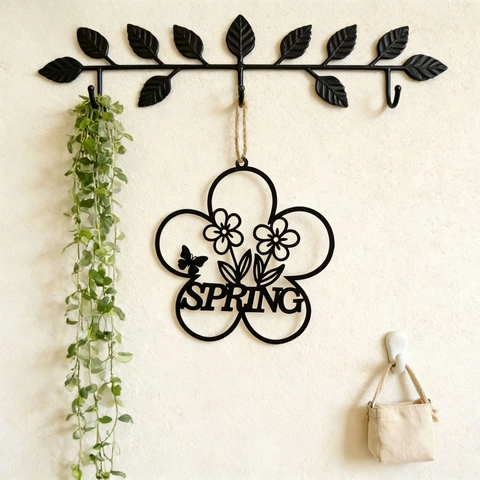 Decorazione da Parete in Metallo Pasqua Ghirlanda di Fiori Uccello Nero Svuotato Lettera Primavera Ornamento Sospeso per Casa Giardino