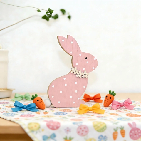 Figurine de Lapin en Bois de Pâques à Pois Roses Ornement de Table en Bois avec Queue en Peluche pour Déco Maison Fête Cadeau