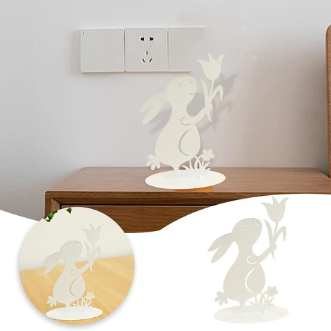 Ornement de Lapin de Pâques en Métal Fleur de Tulipe Ajouré Art en Fer Décoration de Table pour Jardin Maison Bureau Statue
