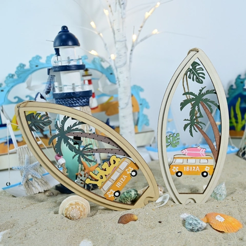 Mediterranes Surfbrett Holz Hängende Dekoration Sommer Strand Thema Ibiza Wohnmobil Laserschnitt Home Wandkunst Deko