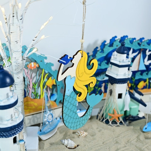 Decoración Colgante de Sirena de Madera de Estilo Mediterráneo Decoración de Pared de Cola de Pez para Fiesta en la Playa