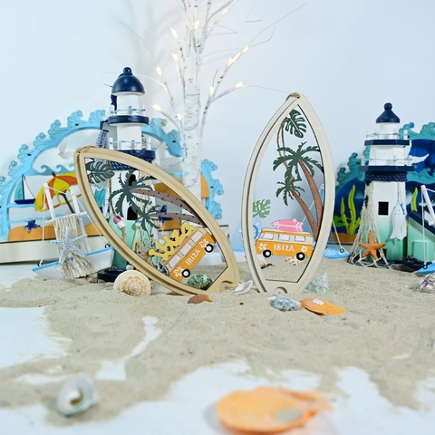 Mediterranes Surfbrett Holz Hängende Dekoration Sommer Strand Thema Ibiza Wohnmobil Laserschnitt Home Wandkunst Deko