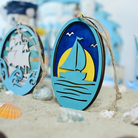 Mediterraner Stil Holz Nautische Hängedekoration 3D Schichtweise Segelboot Ozean Thema Wandkunst Für Zuhause Party Dekor